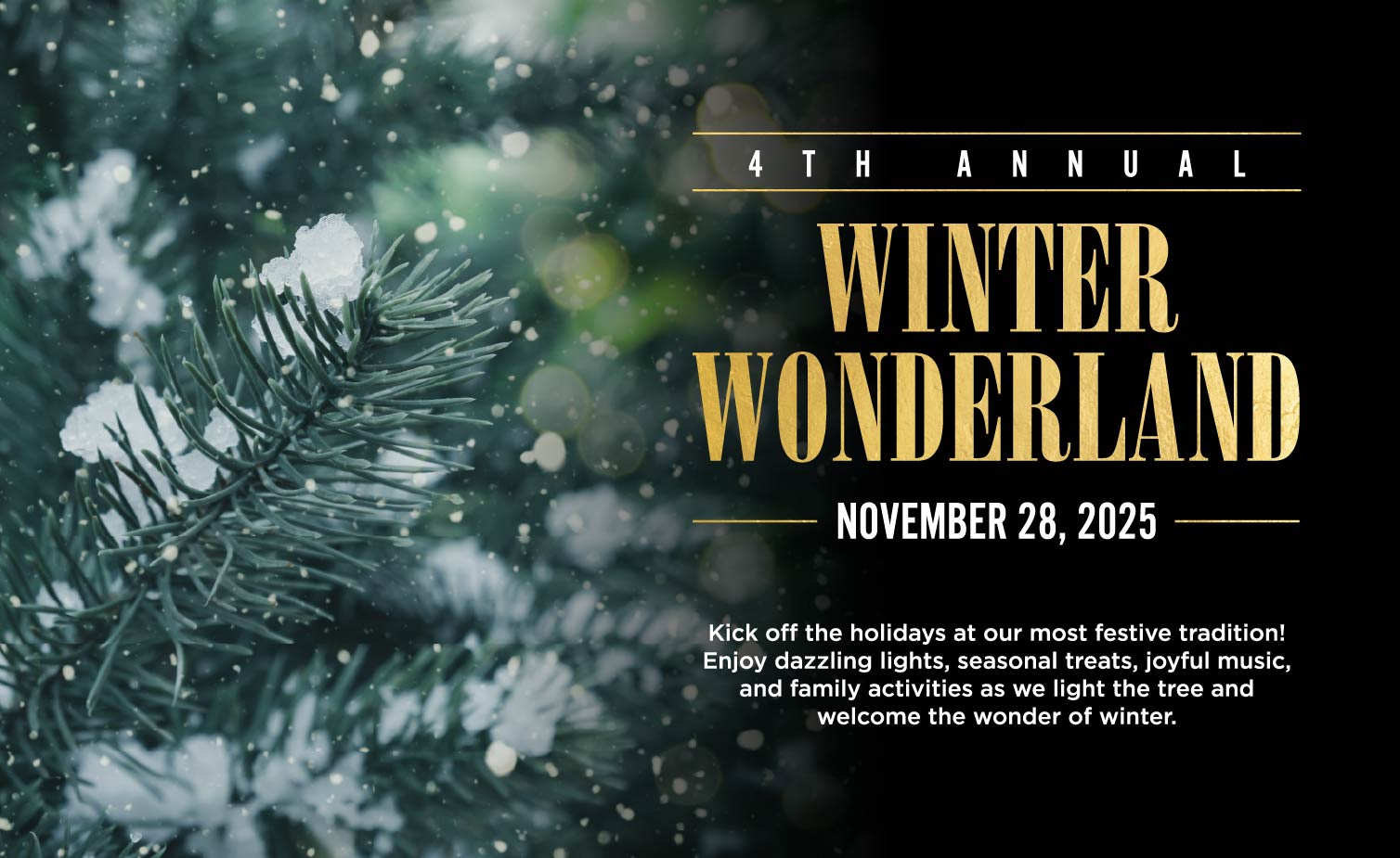 4TH Annual
WINTER
WONDERLAND
NOVEMBER 28, 2025 -
Kick off the holidays at our most festive tradition!
Enjoy dazzling lights, seasonal treats, joyful music, and family activities as we light the tree and welcome the wonder of winter.